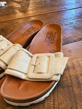 Miz Mooz Light Beige Suede Buckle Slide Sandals grayish blue